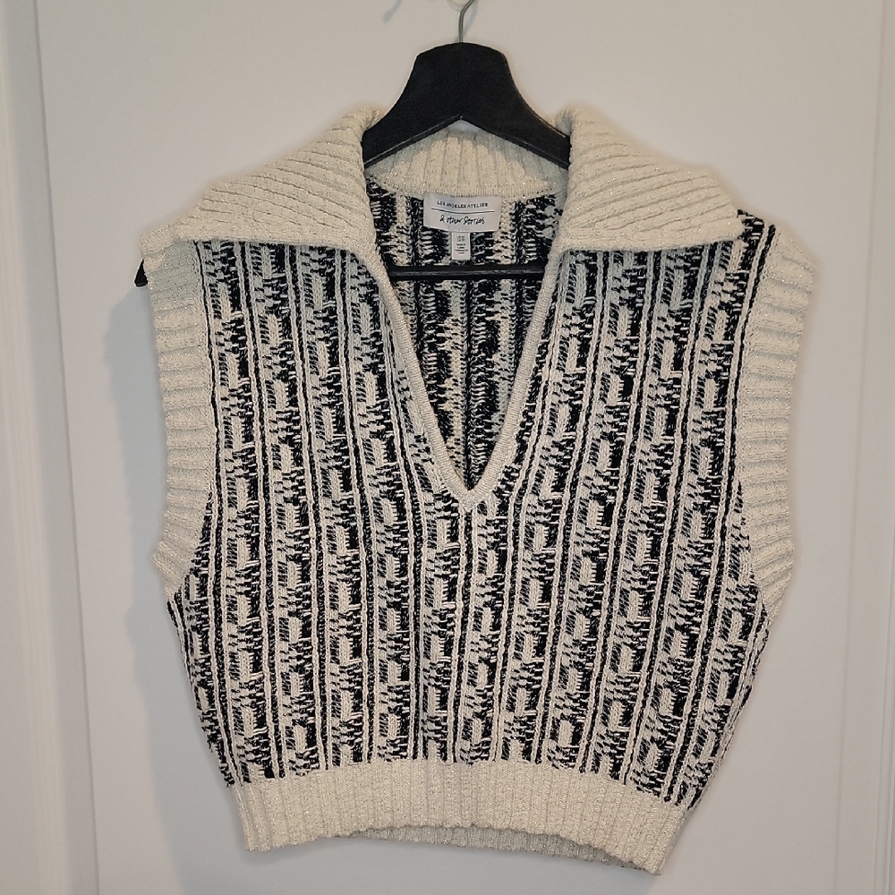 Los Angeles Atelier Collared Sweater Vest, Black, Cream And Silver, XS EUC!!